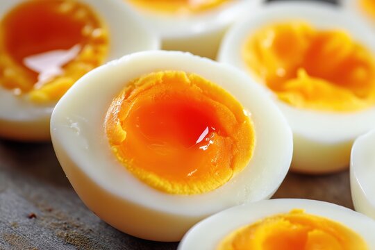 Freshly cooked hard boiled eggs cut in half, revealing perfect, vibrant yellow yolks and smooth egg whites, ready for a healthy meal or recipe ingredient
