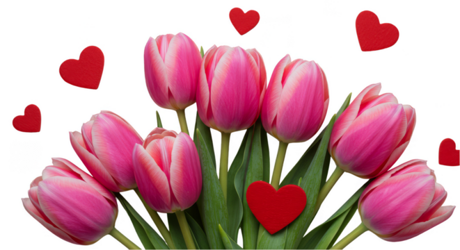 Pink Tulips Bouquet with Red Hearts on Transparent Background