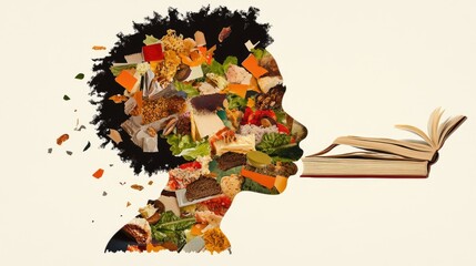 Reading transforms thought; food-filled head meets open book, knowledge pouring in