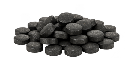 Isolated Pile of Black Round Cough Lozenges Tablets on Transparent Background