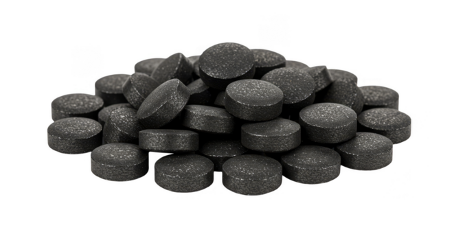 Isolated Pile of Black Round Cough Lozenges Tablets on Transparent Background