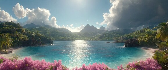 Tropical island paradise, with lush greenery, bright sun, and turquoise waters.  Pink blossoms in foreground
