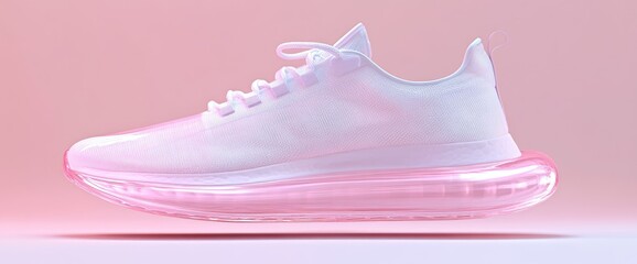 White running shoe with a bubble sole on pink background