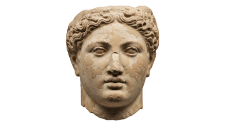 Portrait of Ancient Stone Sculpture Head Isolated on Transparent Background