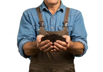 Portrait of Farmer Holding Black Soil in Hands with Transparent Background