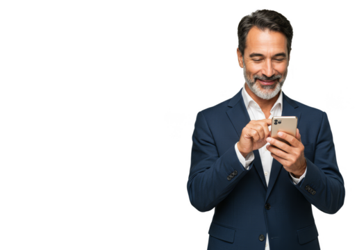 Portrait Of Cheerful Man In Blue Suit Holding Smartphone On Transparent