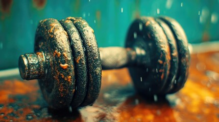Rusty dumbbell sitting on a textured metal surface with moisture on it