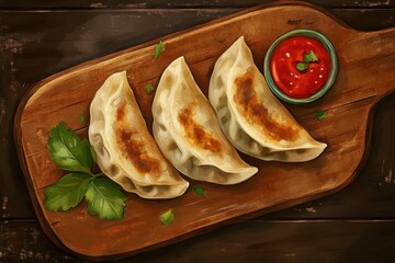 clear pixel picture of top view dumplings on wooden board