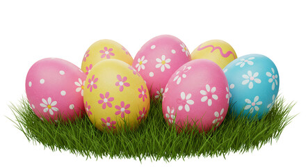 Fototapeta premium Illustration of Pastel Colored Easter Eggs with Floral Patterns on Grass