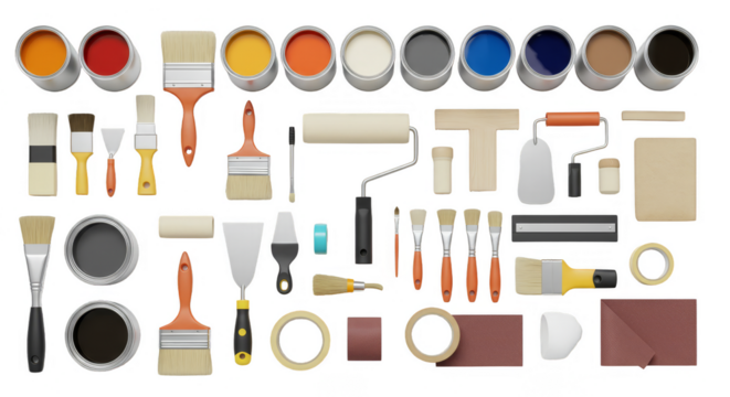 Illustration of Paint Tools and Brushes with Colorful Paint on Black