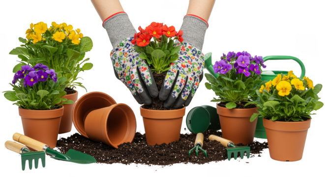 Isolated Planting Colorful Flowers In Pots With Garden Tools And Hands