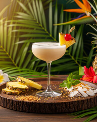 Pina colada drink set in a tropical themed arrangement