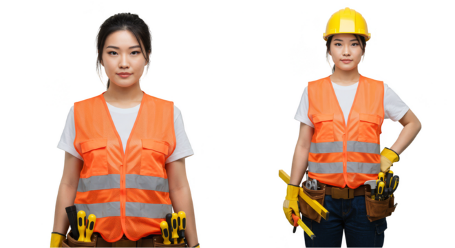Isolated Portrait of Asian Women Construction Worker in Yellow Helmet - Powered by Adobe