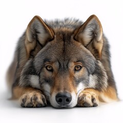 Fototapeta premium Majestic Gray Wolf Resting. Stunning Close-Up Headshot of this Fierce Yet Elegant Wild Creature in Natural Habitat