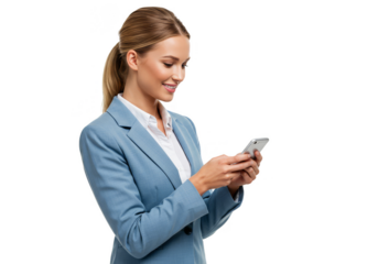 Isolated Portrait of Young Woman In Business Attire Using Phone with Transparent Background