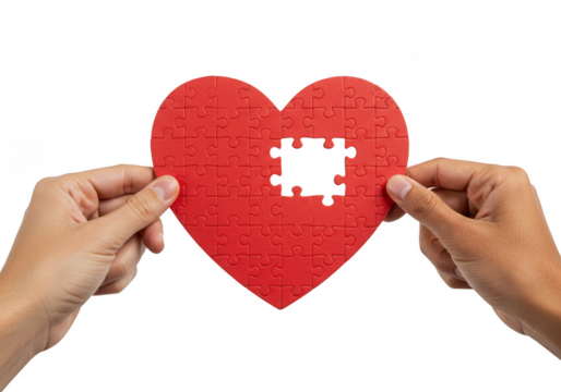 Isolated Hands Holding Red Heart Puzzle with Missing Piece Transparent - Powered by Adobe