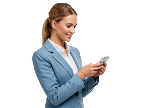 Isolated Portrait of Young Woman In Business Attire Using Phone with Transparent Background