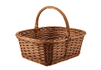 Isolated Wicker Basket Brown Open Woven Container Rustic Handle on Background