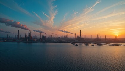 Obraz premium Industrial complex by the water at sunset.