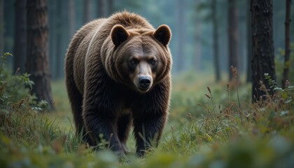 Majestic Brown Bear Strolling Through Forest with Stunning Natural Scenery