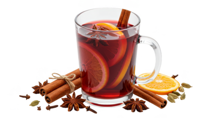 Transparent Background Close Up Mulled Wine with Orange and Cinnamon
