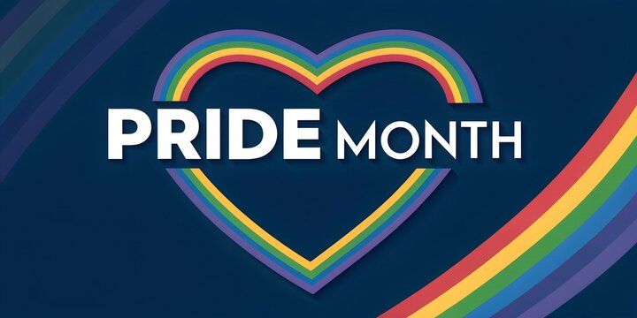 Pride Month text with a rainbow heart and rainbow stripes on a blue background.