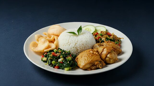 Nasi lemak with fried chicken and vegetables