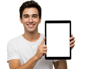 Photo Young Man Holding a Blank Tablet With White Screen Smiling