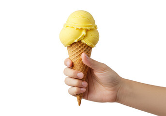 Photo Hand Holding Yellow Ice Cream Cone with Transparent Background