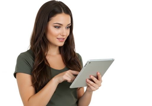 Young Woman with Digital Tablet Isolated in Transparent Background