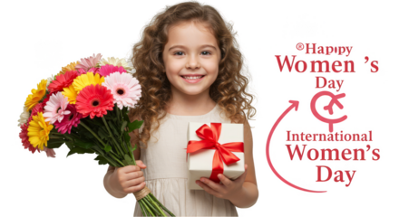 Portrait of a Young Girl Holding Flowers and Gift with Transparent Background