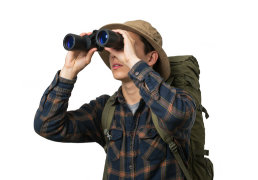 Isolated Image Of Man With Backpack Holding Binoculars Looking Far