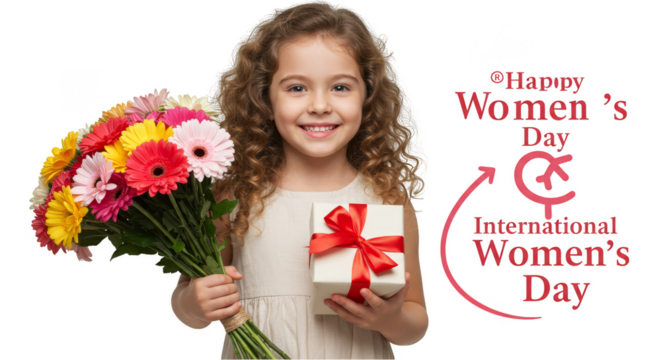 Portrait of a Young Girl Holding Flowers and Gift with Transparent Background - Powered by Adobe