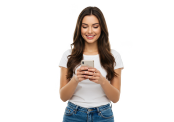 Portrait Of Brunette Woman Smiling While Using Smartphone On White