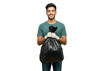 Portrait of Cheerful Man Holding Black Garbage Bag on Transparent Background