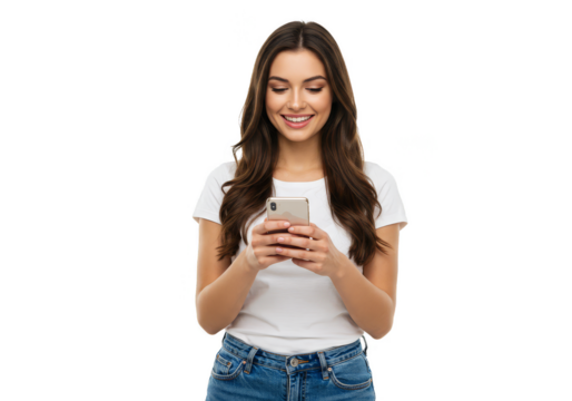 Portrait Of Brunette Woman Smiling While Using Smartphone On White