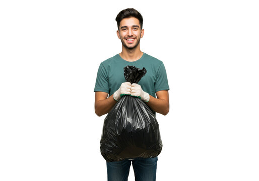 Portrait of Cheerful Man Holding Black Garbage Bag on Transparent Background