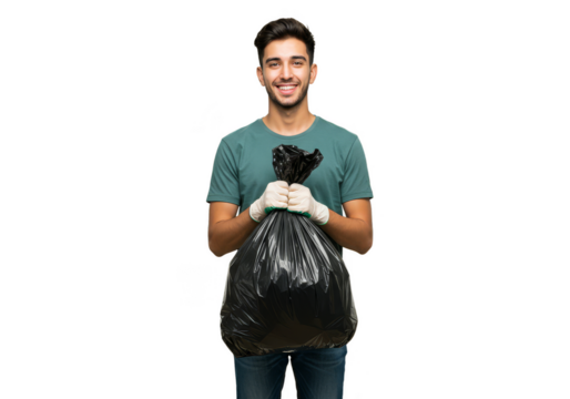 Portrait of Cheerful Man Holding Black Garbage Bag on Transparent Background