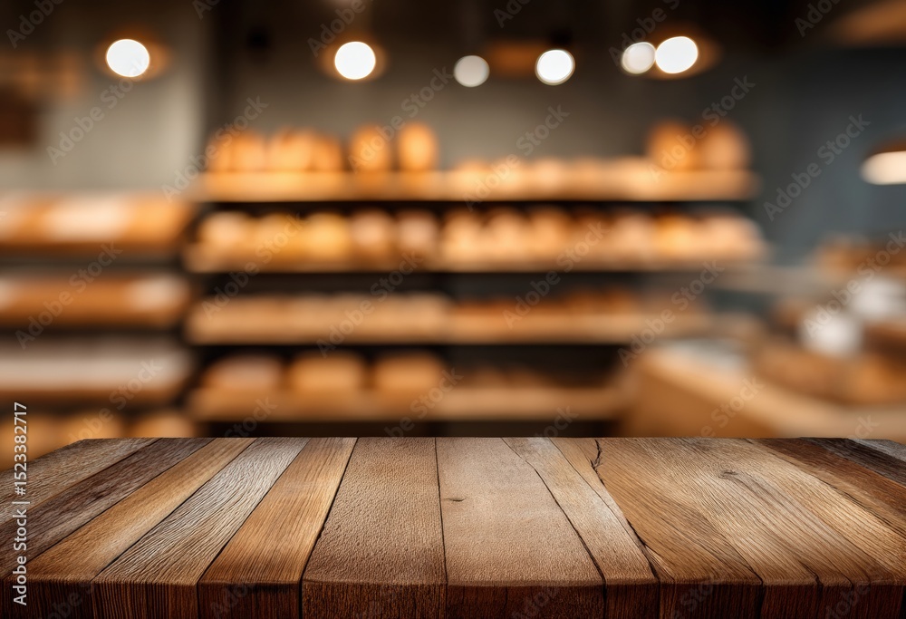 Aufkleber Empty wooden table top with blurred bakery background provides ideal space for product placement and display