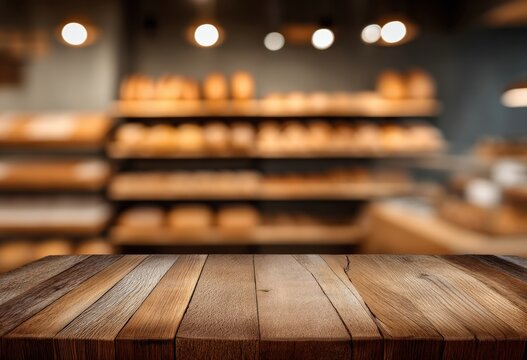 Empty wooden table top with blurred bakery background provides ideal space for product placement and display