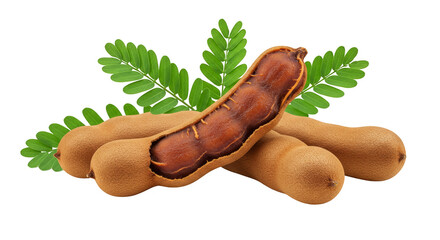 Isolated Tamarind Fruit Transparent Background with Green Leaves and Brown Pod