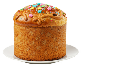 Isolated Traditional Easter Kulich Cake with Colorful Sprinkles on Plate