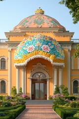 Ornate Building Facade with Floral Details and Landscaped Garden