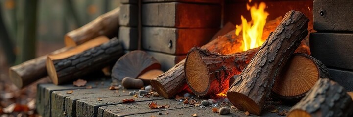 A rustic pile of seasoned firewood, ready for a crackling fire Perfect for autumnal, winter, or cozy themes Warm tones and natural textures create a inviting ambiance , heat, seasonal
