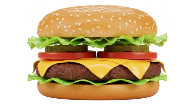 Illustration Tasty Burger with Cheese Tomato Lettuce on Transparent