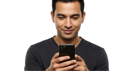 Isolated Photo of Man In Gray Shirt Using Smartphone Transparent Background