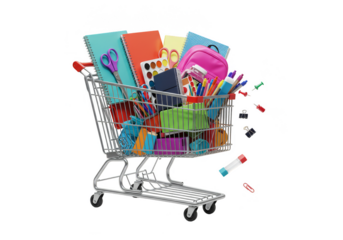 Shopping Cart with Colorful Stationery Transparent Background Illustration