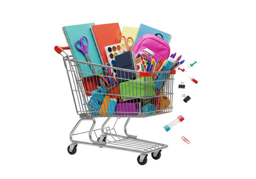 Shopping Cart with Colorful Stationery Transparent Background Illustration