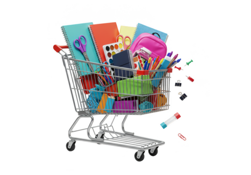 Shopping Cart with Colorful Stationery Transparent Background Illustration