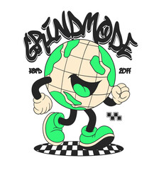 Retro Cartoon Globe Mascot. Vintage Motivational Poster with Grind Mode Quote for T-Shirt or Wall Art